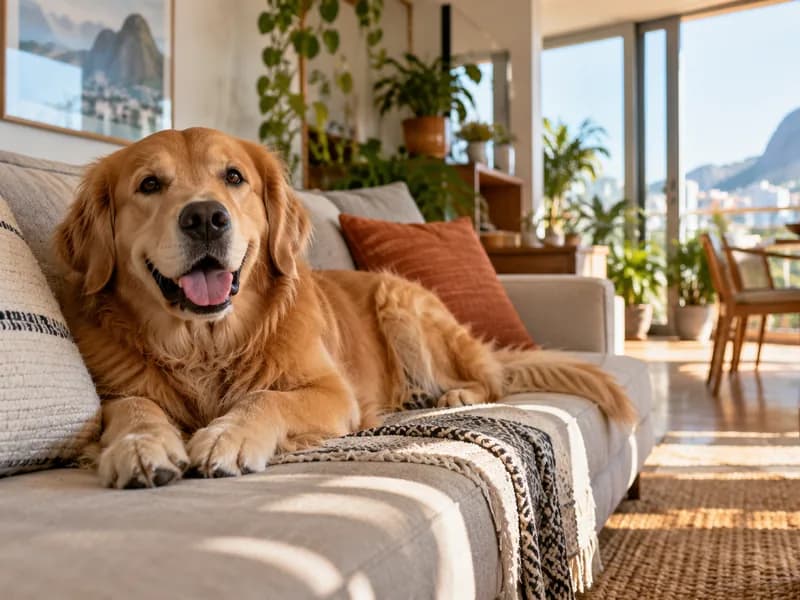 Cachorro deitado no sofá de um imóvel mobiliado