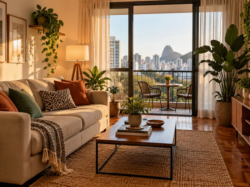 Sala ampla e clara com vista para a cidade