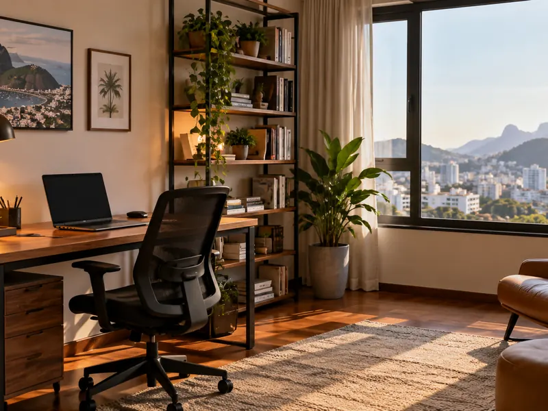 Escritório em casa com mesa, notebook e cadeira ergonômica