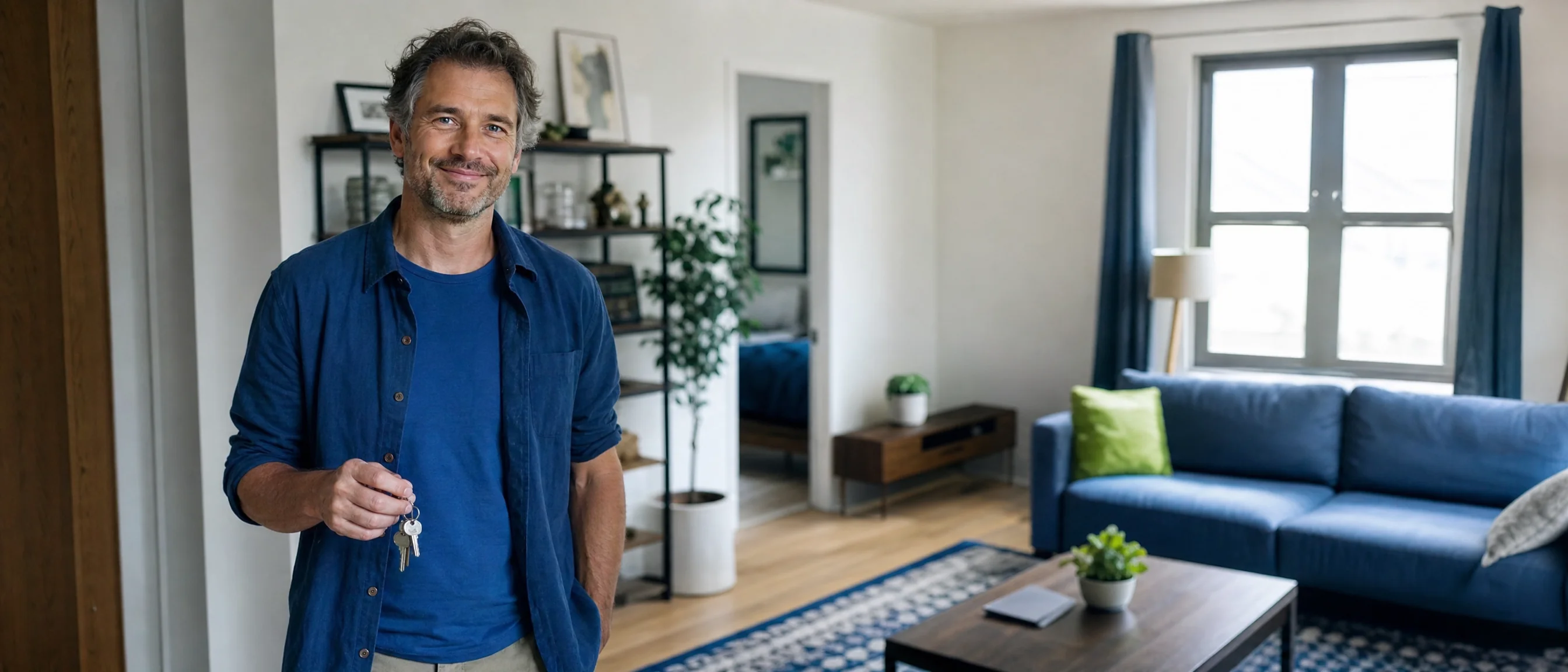 Proprietária sorrindo com chaves em apartamento mobiliado pronto para alugar