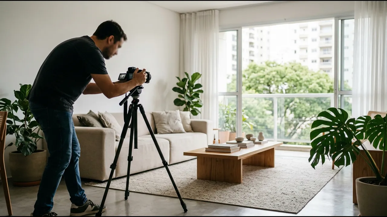 Fotógrafo com câmera no tripé fotografando uma sala mobiliada