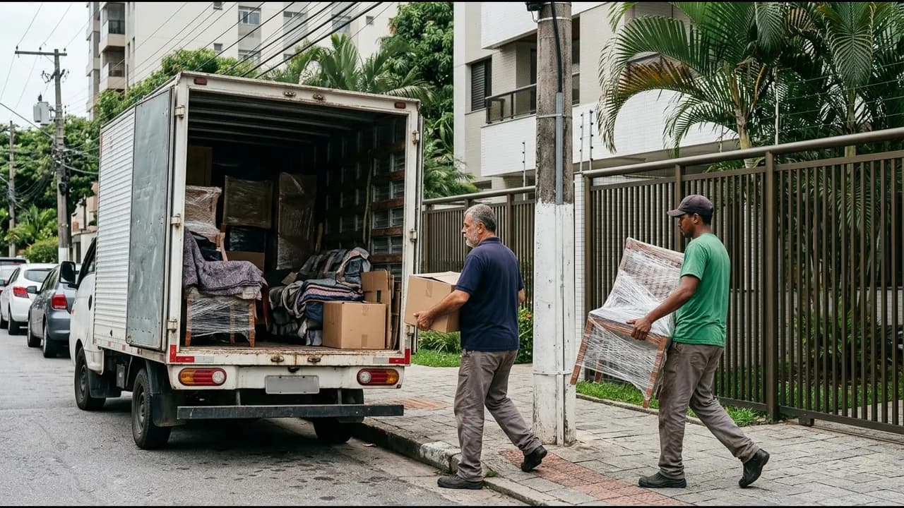 Dois carregadores entrando com caixa e poltrona embalada