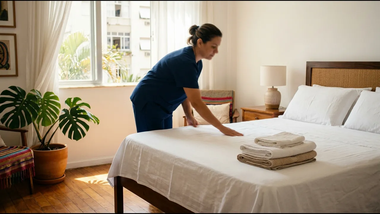 Profissional arrumando a cama com roupa de cama limpa