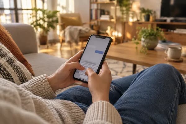 Pessoa escrevendo uma mensagem pelo celular no sofá