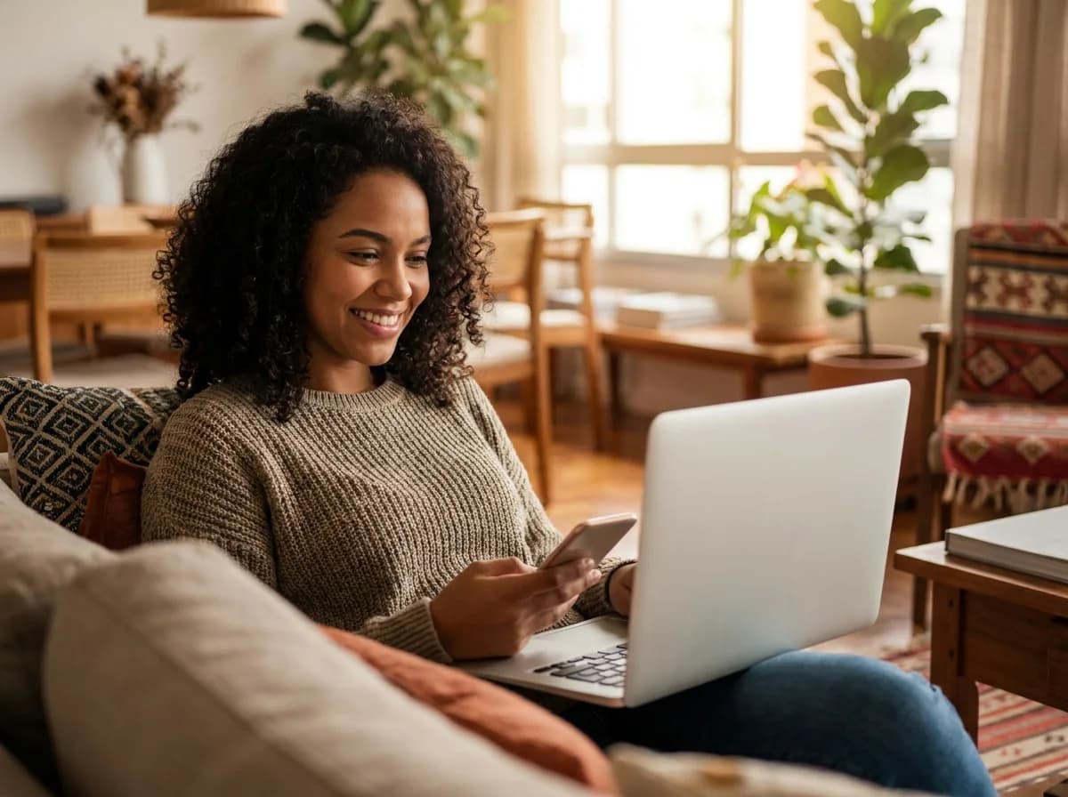 Mulher jovem sorrindo no laptop, conversando pela plataforma
